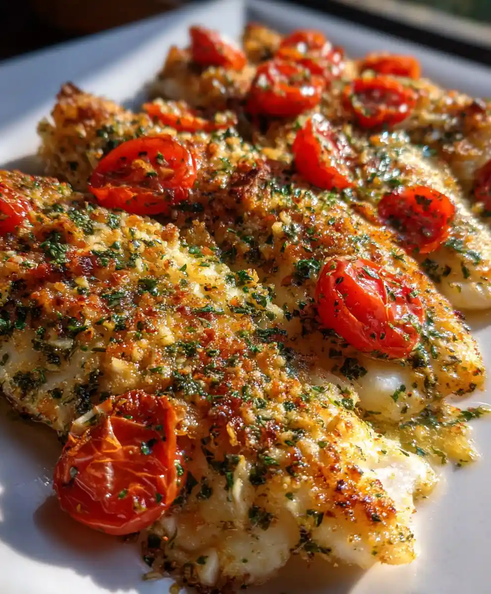 baked flounder recipe Citrus Herb Crust with Tomato Gems