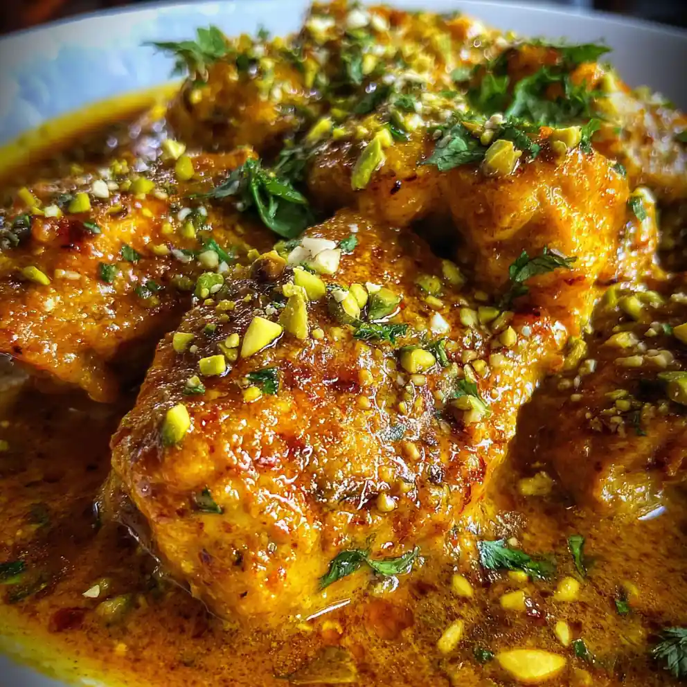 chicken korma recipe Saffron Cream with Pistachio Scatter