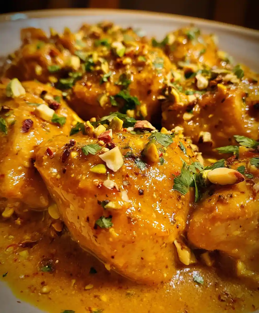 chicken korma recipe Saffron Cream with Pistachio Scatter