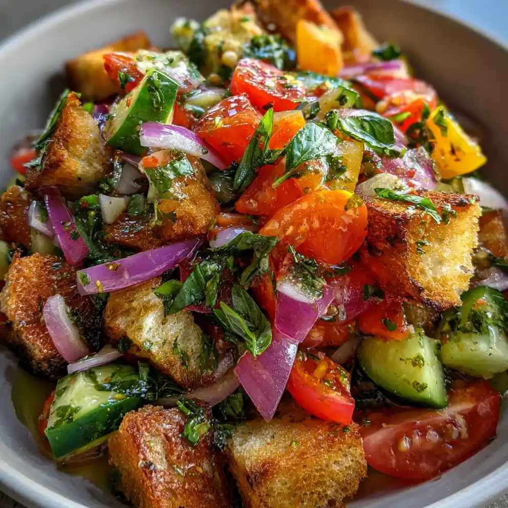 panzanella salad recipe Tomato Ruby Cubes with Basil Emeralds
