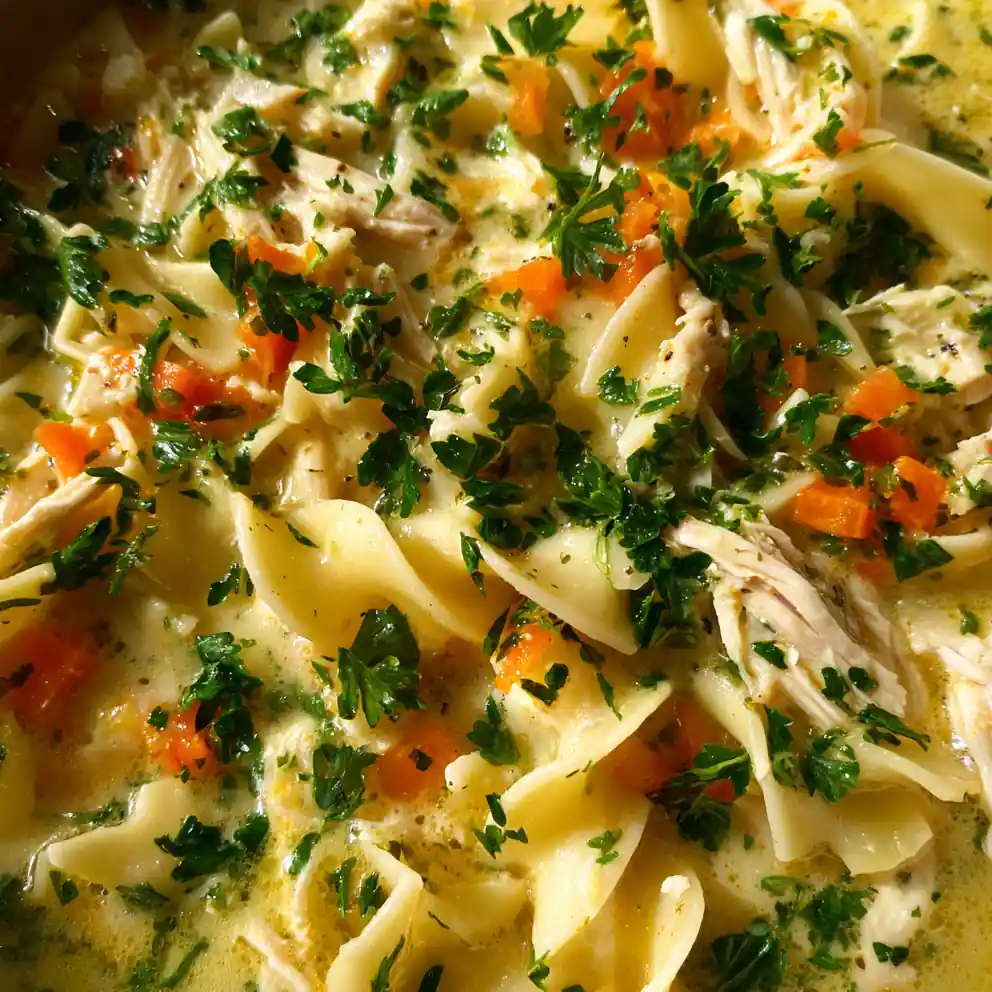 creamy chicken noodle soup recipe With Parsley and Carrot Confetti