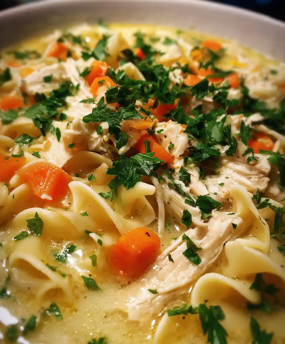creamy chicken noodle soup recipe With Parsley and Carrot Confetti