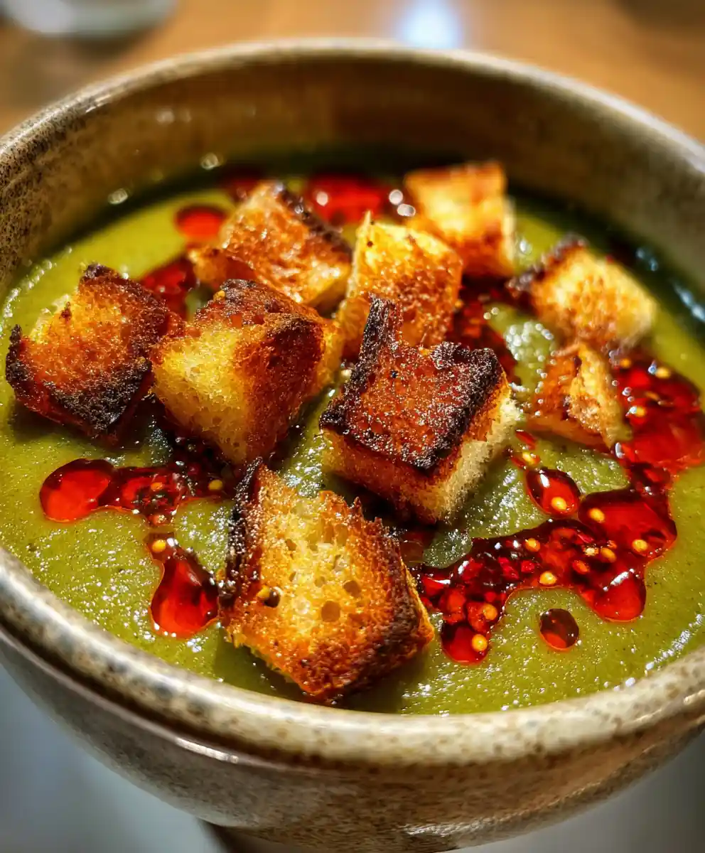 Vegetarian Split Pea Soup Recipe With Chili Oil And Crouton Shards 5 vegetarian split pea soup recipe With Chili Oil and Crouton Shards