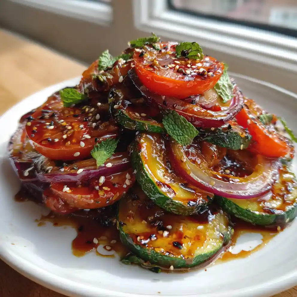 Charred Cucumber, Onion & Tomato Salad With Pomegranate Molasses Drizzle 4 Charred Cucumber, Onion & Tomato Salad with Pomegranate Molasses Drizzle