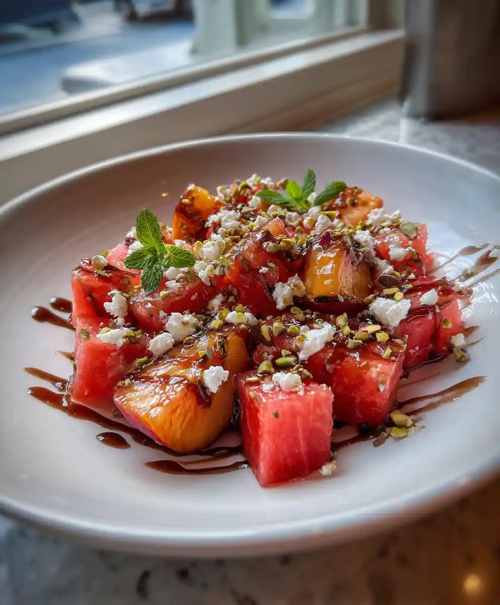 Charred Peach Watermelon Salad With Honey Lime Glaze And Pistachio Crumble 5 Charred Peach Watermelon Salad with Honey Lime Glaze and Pistachio Crumble