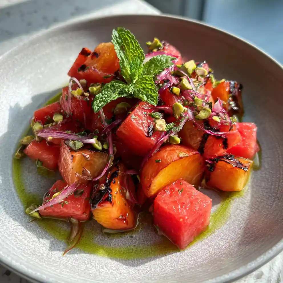 Charred Peach & Watermelon Salad With Lime Honey Dressing 4 Charred Peach & Watermelon Salad with Lime Honey Dressing