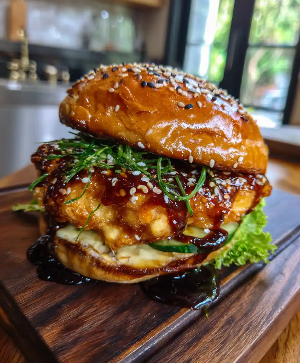 Cheese Stuffed Crispy Chicken Burger With Sweet Soy Ginger Glaze 5 Cheese Stuffed Crispy Chicken Burger with Sweet Soy Ginger Glaze