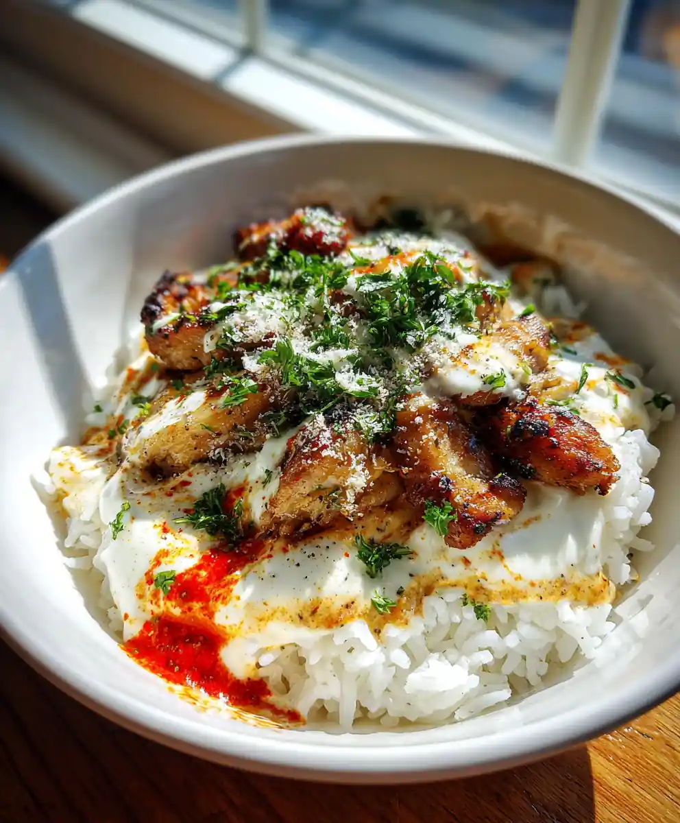 Chicken Rice Bowls With Creamy Garlic Sauce And Roasted Red Pepper Swirl 5 Chicken Rice Bowls with Creamy Garlic Sauce and Roasted Red Pepper Swirl