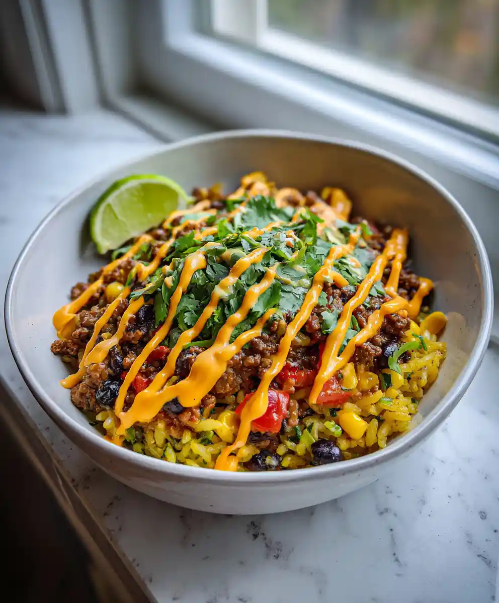 Chipotle Avocado Crema Taco Rice With Crispy Tortilla Strips 5 Chipotle Avocado Crema Taco Rice with Crispy Tortilla Strips