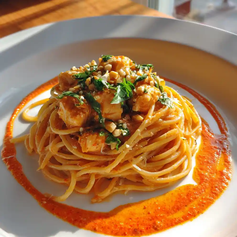 Creamy Chicken Spaghetti With Roasted Red Pepper Swirl 4 Creamy Chicken Spaghetti with Roasted Red Pepper Swirl