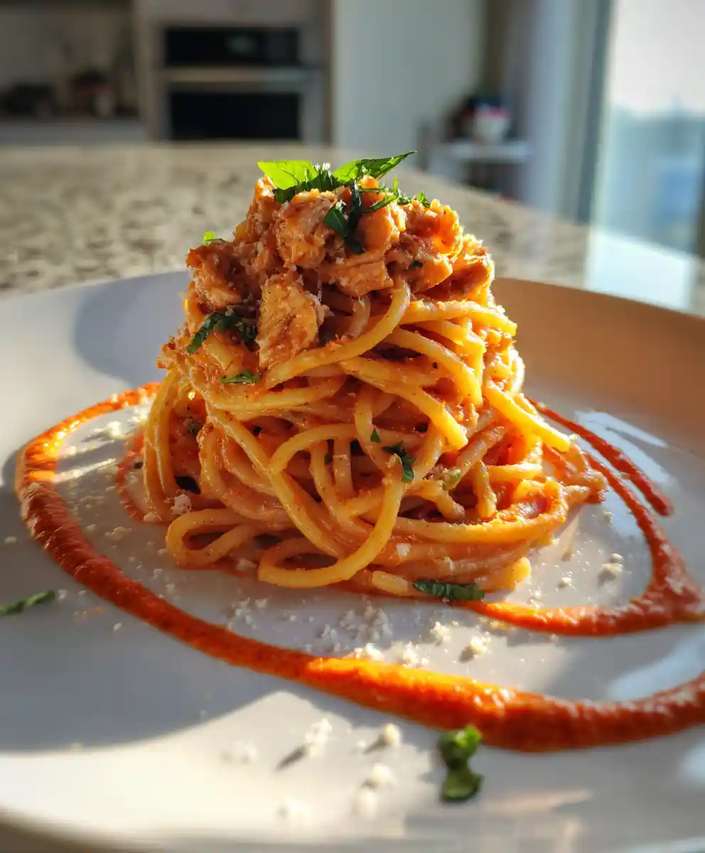 Creamy Chicken Spaghetti With Roasted Red Pepper Swirl 5 Creamy Chicken Spaghetti with Roasted Red Pepper Swirl