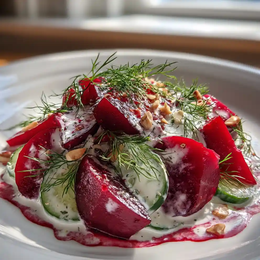 Cucumber And Beet Salad With Mint Yogurt Drizzle And Pomegranate Glaze 4 Cucumber and Beet Salad with Mint Yogurt Drizzle and Pomegranate Glaze