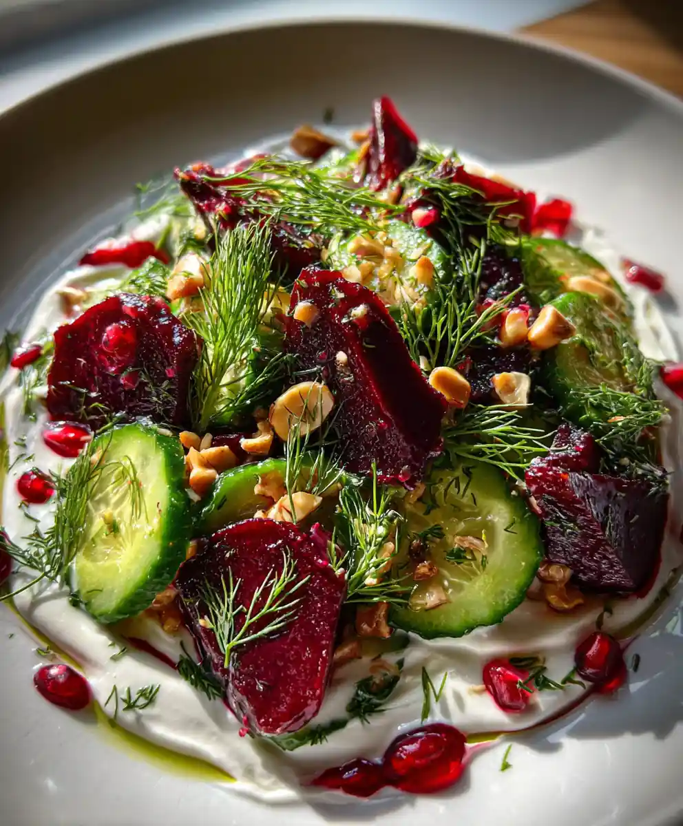 Cucumber And Beet Salad With Mint Yogurt Drizzle And Pomegranate Glaze 5 Cucumber and Beet Salad with Mint Yogurt Drizzle and Pomegranate Glaze