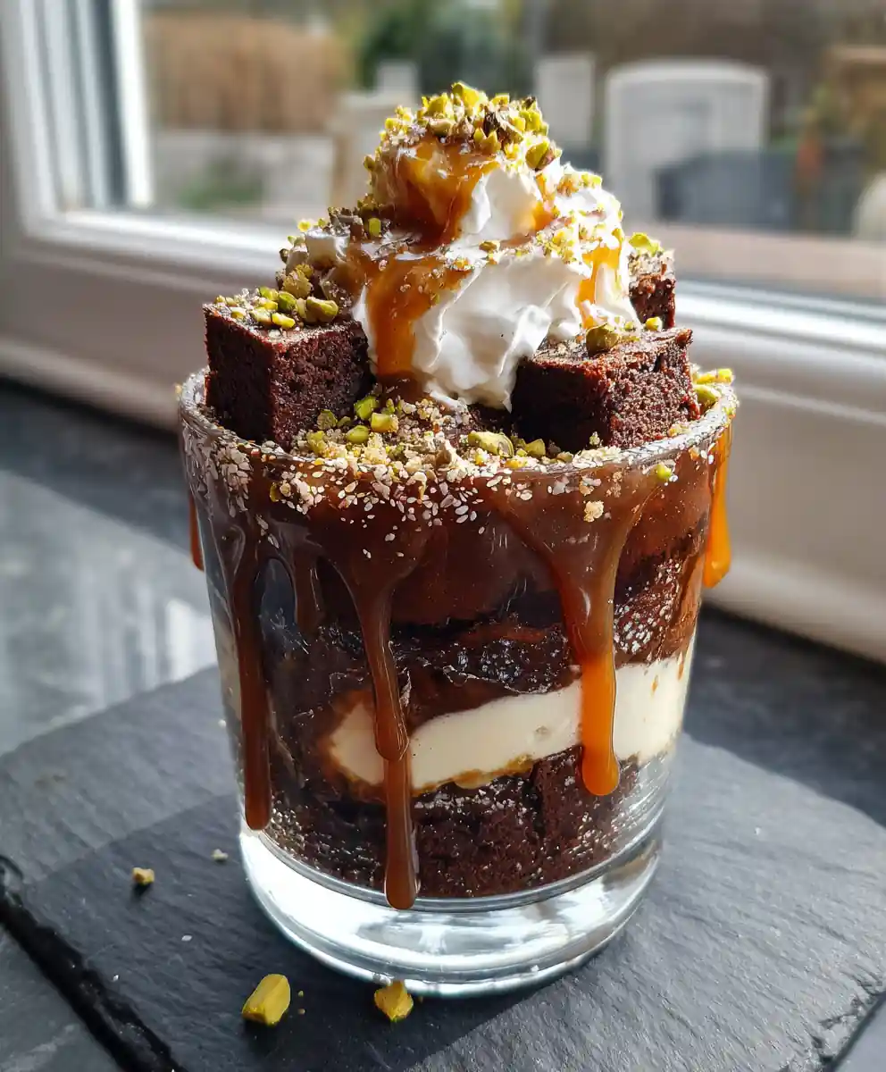 Espresso Caramel Cheesecake Brownie Trifle With Pistachio Crunch 5 Espresso Caramel Cheesecake Brownie Trifle with Pistachio Crunch