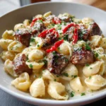 Garlic Butter Alfredo With Steak Bites, Shell Pasta And Roasted Red Pepper Swirl 6 Garlic Butter Alfredo With Steak Bites Shell Pasta And Roasted Red Pepper Swirl 1767796997.8421395
