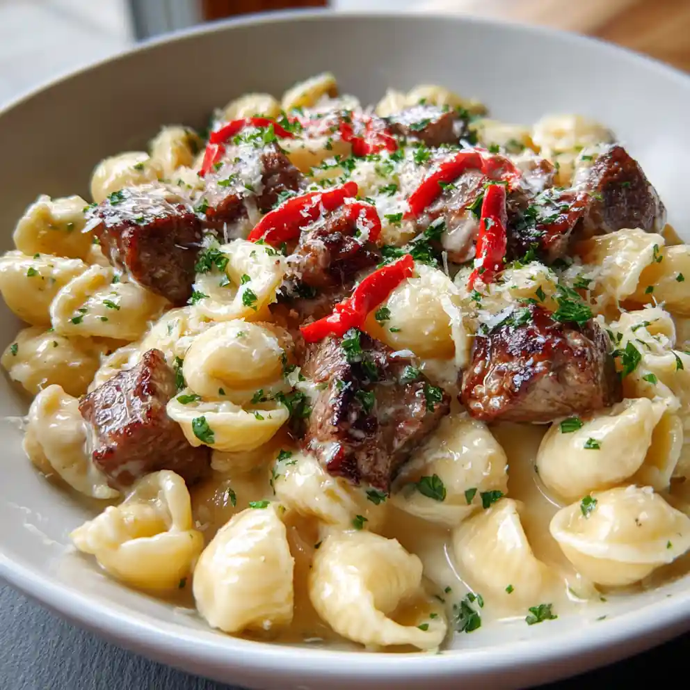 Garlic Butter Alfredo With Steak Bites, Shell Pasta And Roasted Red Pepper Swirl 4 Garlic Butter Alfredo with Steak Bites, Shell Pasta and Roasted Red Pepper Swirl
