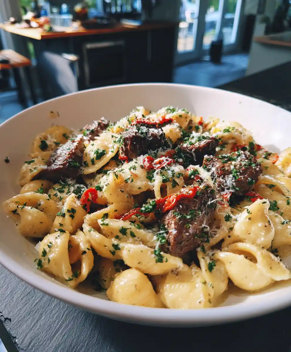 Garlic Butter Alfredo With Steak Bites, Shell Pasta And Roasted Red Pepper Swirl 5 Garlic Butter Alfredo with Steak Bites, Shell Pasta and Roasted Red Pepper Swirl