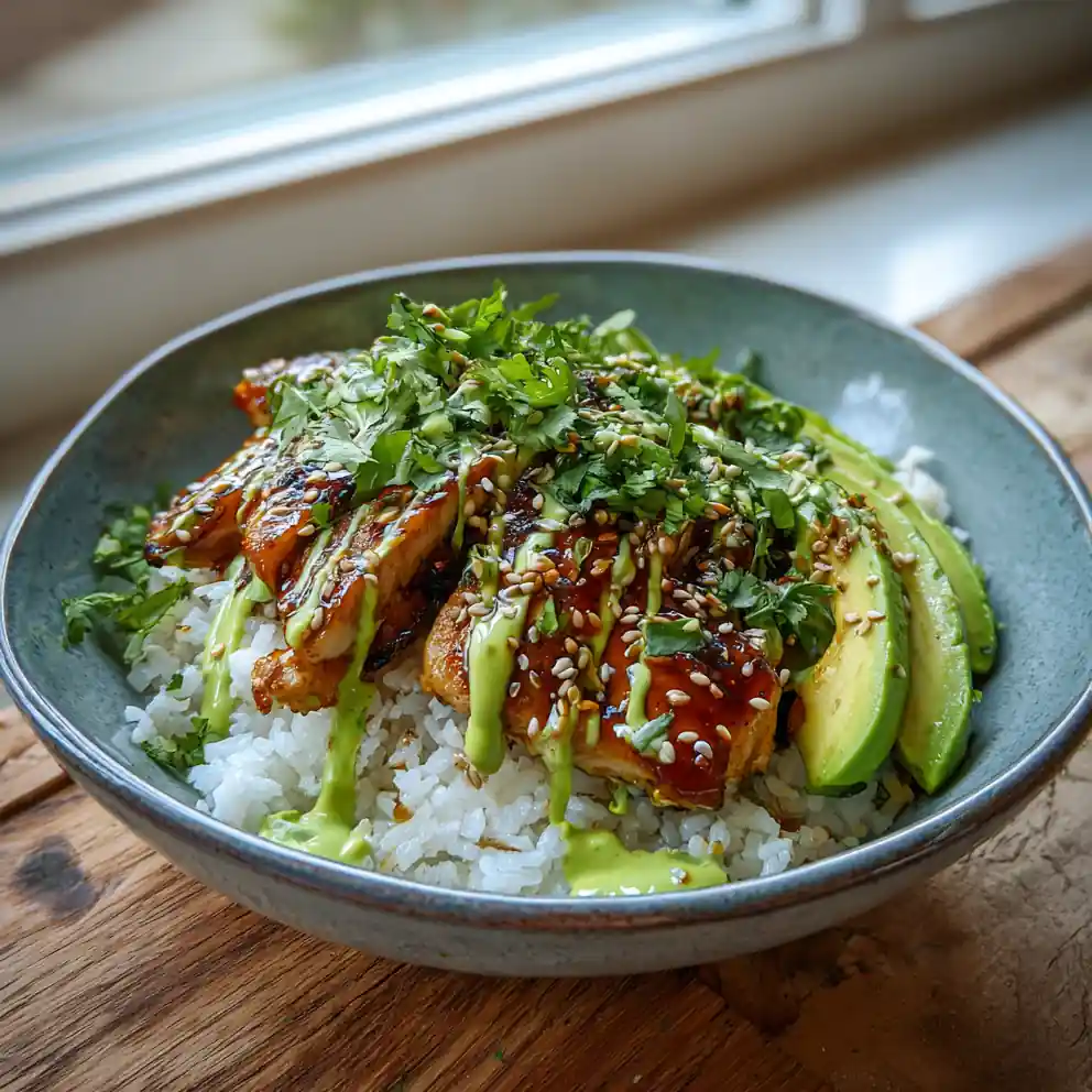 Miso Ginger Chicken Rice Bowl With Creamy Avocado Lime Drizzle 4 Miso Ginger Chicken Rice Bowl with Creamy Avocado Lime Drizzle