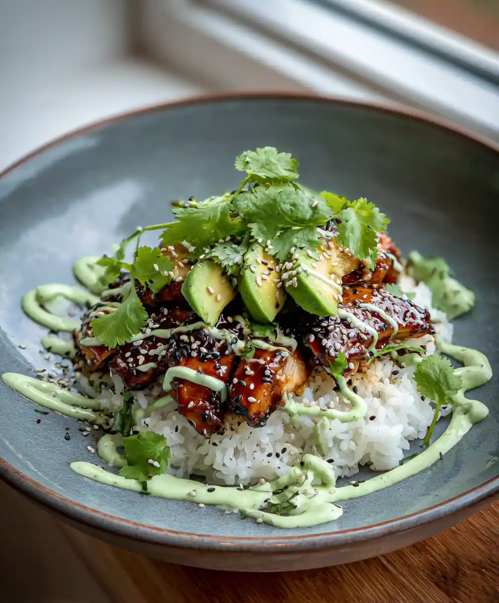 Miso Ginger Chicken Rice Bowl With Creamy Avocado Lime Drizzle 5 Miso Ginger Chicken Rice Bowl with Creamy Avocado Lime Drizzle