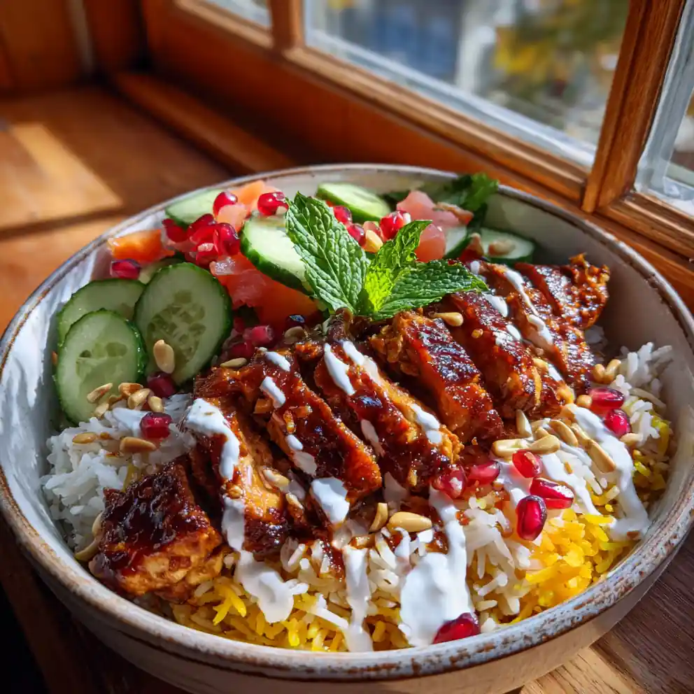 Pomegranate Glazed Chicken Gyro Bowls With Mint Yogurt Drizzle 1767831420.3598907
