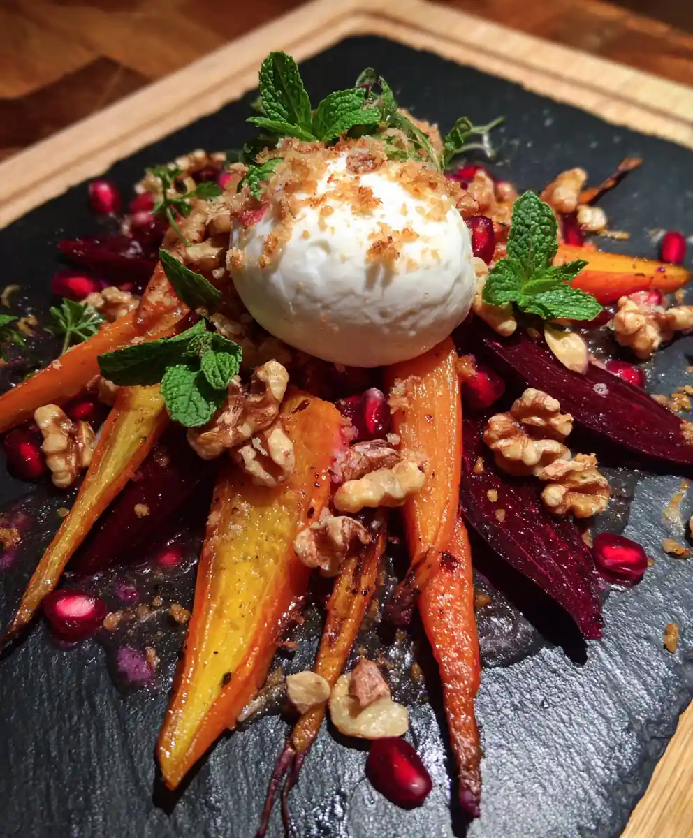 Roasted Beets And Carrots With Burrata And Pomegranate Walnut Dressing 5 Roasted Beets and Carrots with Burrata and Pomegranate Walnut Dressing