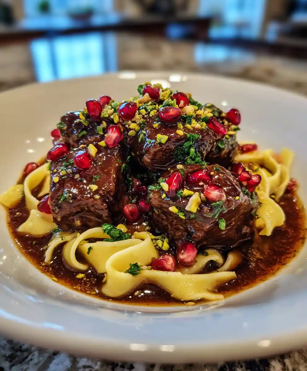 Slow Cooked Beef Tips With Egg Noodles And Pomegranate Glaze 5 Slow Cooked Beef Tips with Egg Noodles and Pomegranate Glaze