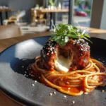 Spaghetti With Black Glazed Cheese Stuffed Meatballs 1767837275.4434645