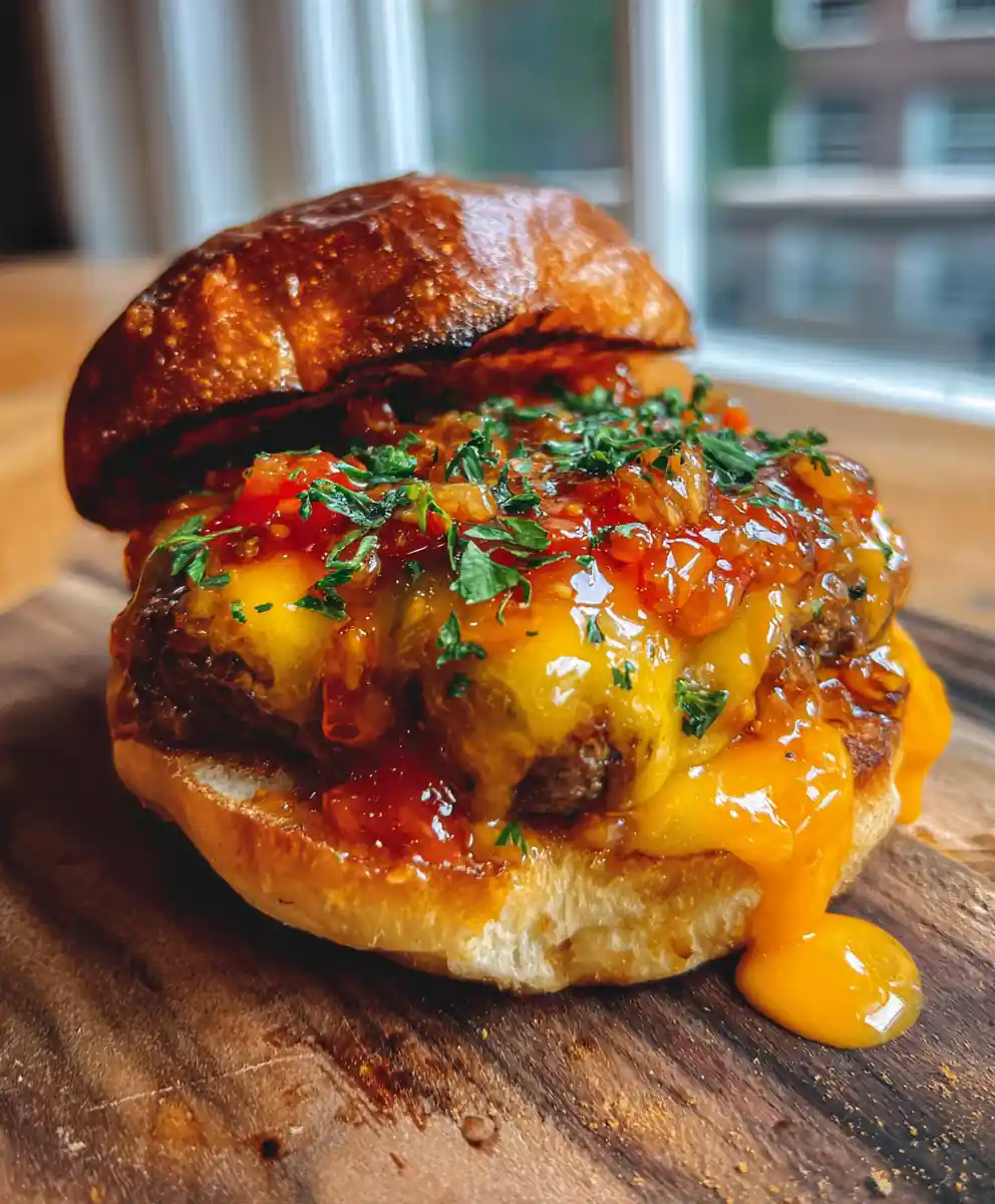 Steakhouse Style Burger With Sloppy Joe Topping And Cheddar Ribbon 5 Steakhouse Style Burger with Sloppy Joe Topping and Cheddar Ribbon