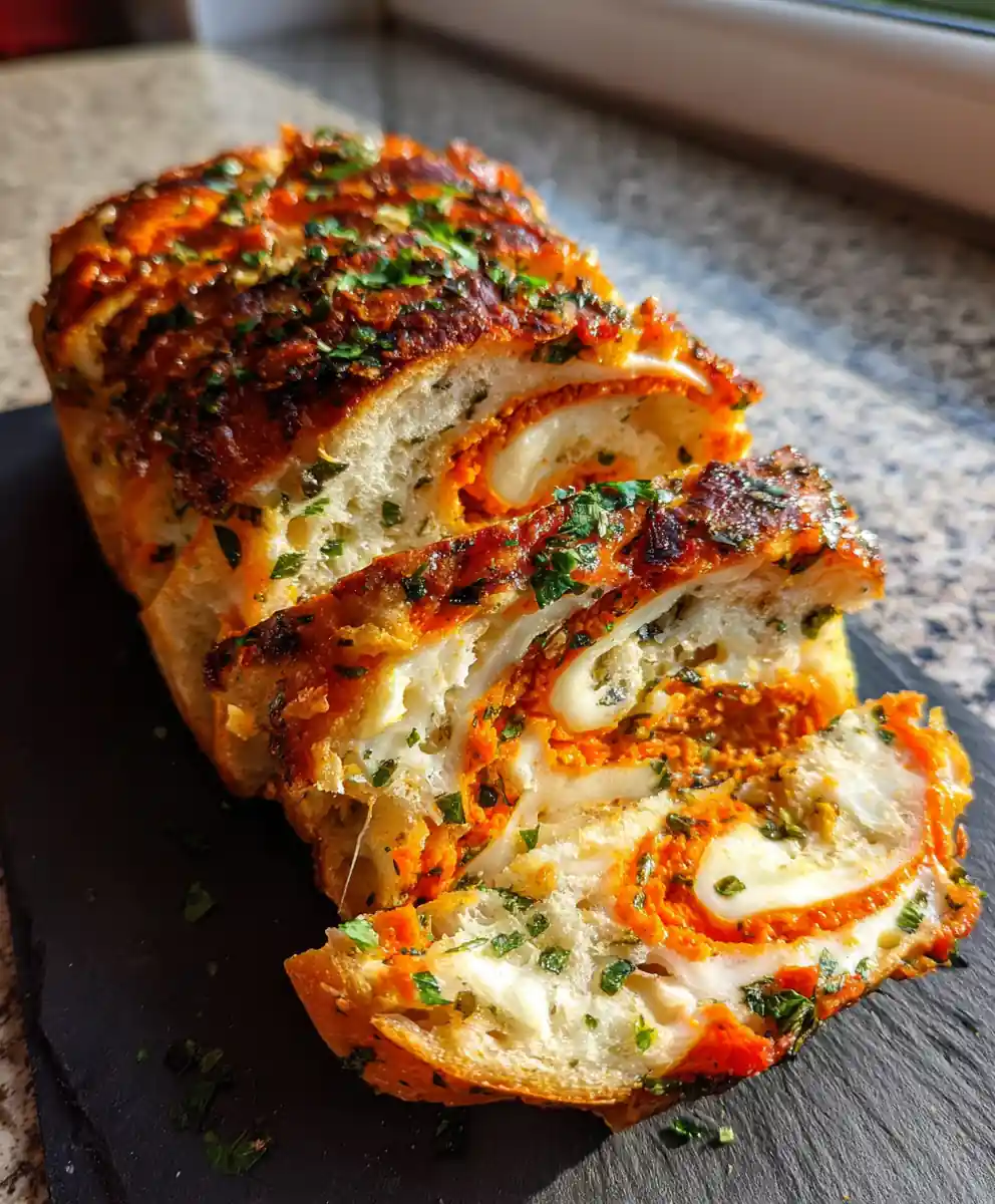Swirled Garlic Herb Cheese Bread With Roasted Red Pepper Cream 5 Swirled Garlic Herb Cheese Bread with Roasted Red Pepper Cream
