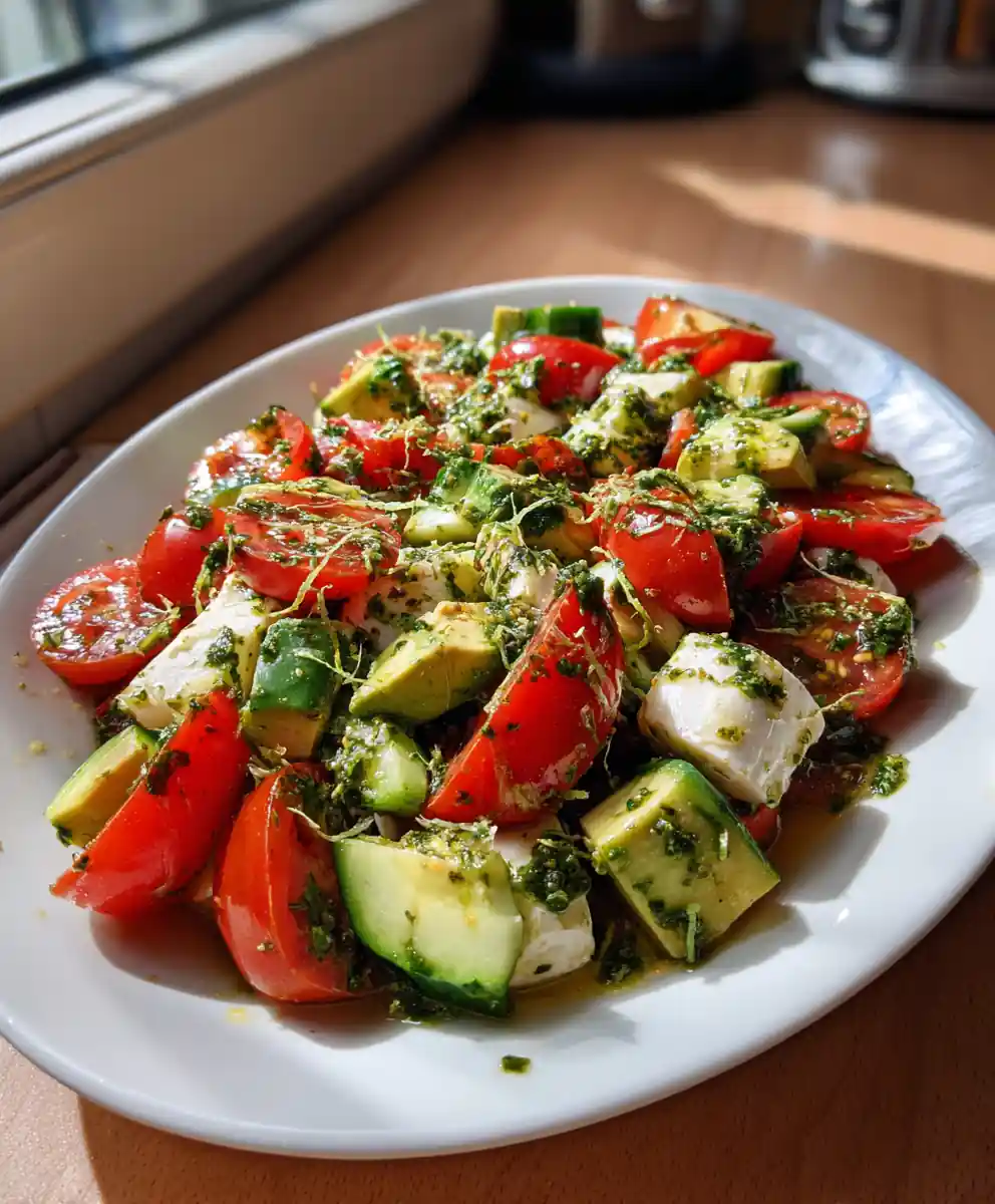 Tomato Cucumber Avocado Salad With Mozzarella, Basil Pesto, And Smoky Chipotle Lime Vinaigrette 5 Tomato Cucumber Avocado Salad with Mozzarella, Basil Pesto, and Smoky Chipotle Lime Vinaigrette