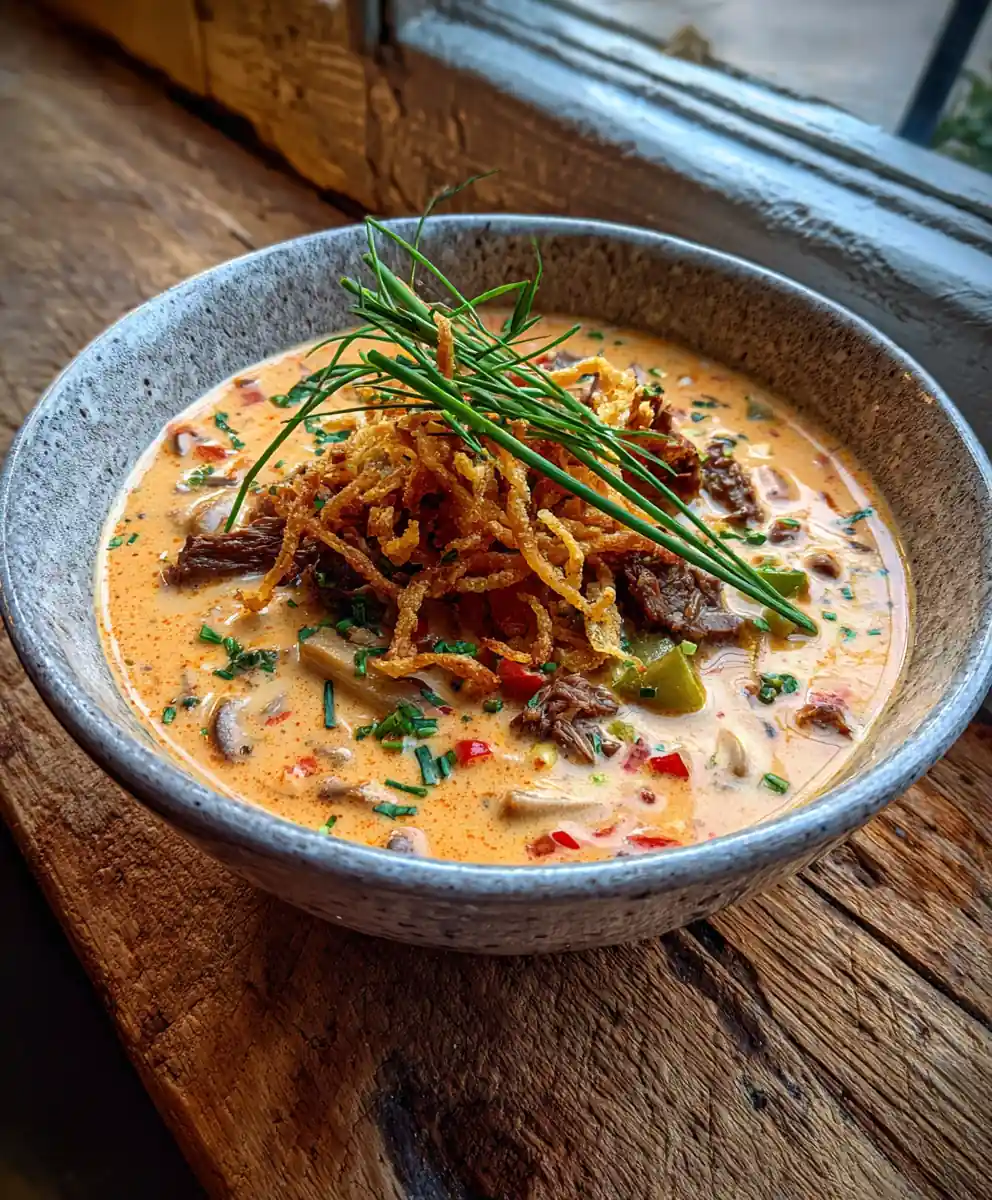 Creamy Philly Cheese Steak Soup With Roasted Red Pepper Cream Swirl 5 Creamy Philly Cheese Steak Soup With Roasted Red Pepper Cream Swirl