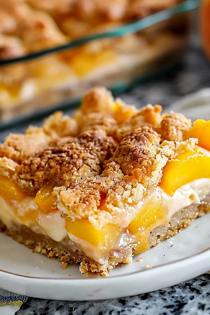 Creamy Peach Cobbler Cheesecake Bars 3 Recipe image