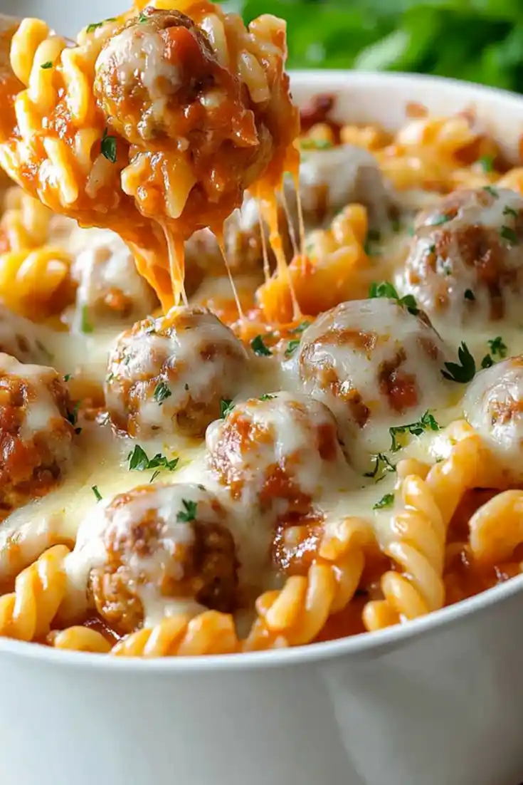 Easy Dump and Bake Meatball Pasta Casserole 3 Recipe image