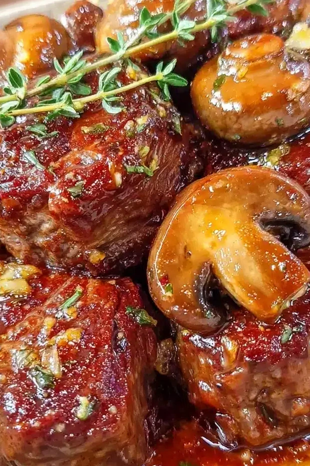 Tender Slow Cooker Garlic Butter Steak Bites and Mushrooms 3 Recipe image
