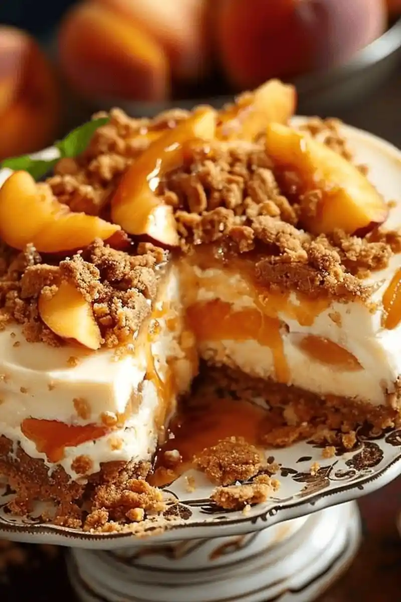 Creamy Peach Streusel Cheesecake 3 Recipe image