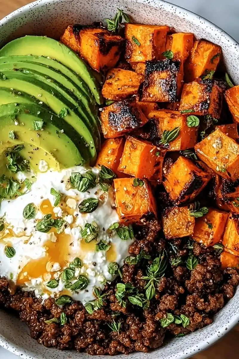 Ground Beef Hot Honey Bowl with Roasted Sweet Potatoes and Creamy Toppings 3 Recipe image