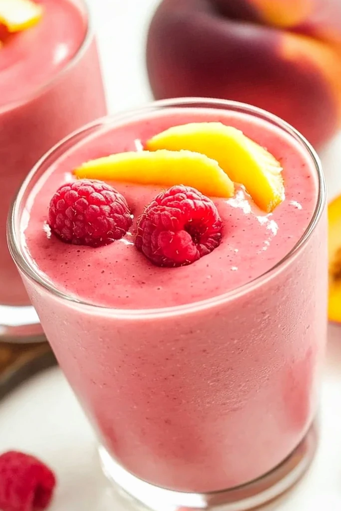 Creamy Raspberry Peach Bliss Smoothie 3 Recipe image