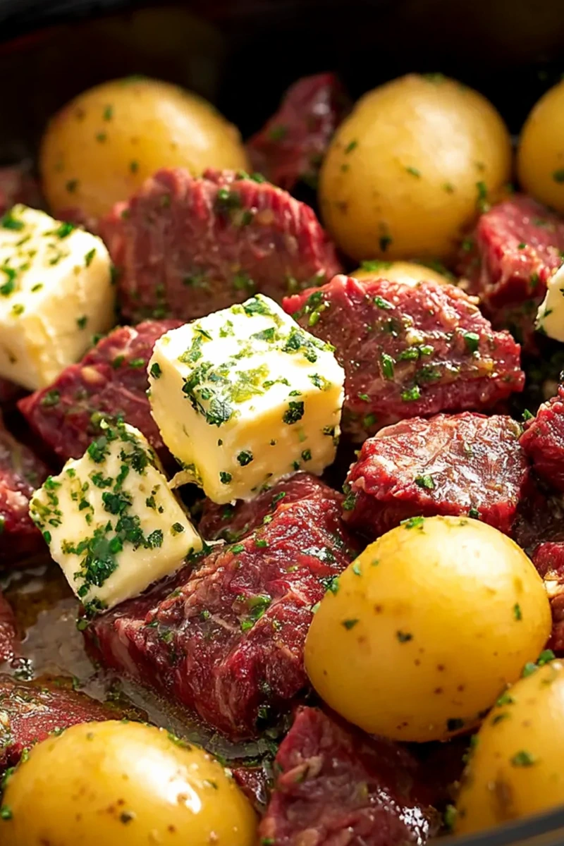 Slow Cooker Garlic Butter Steak Bites and Potatoes 3 Recipe image