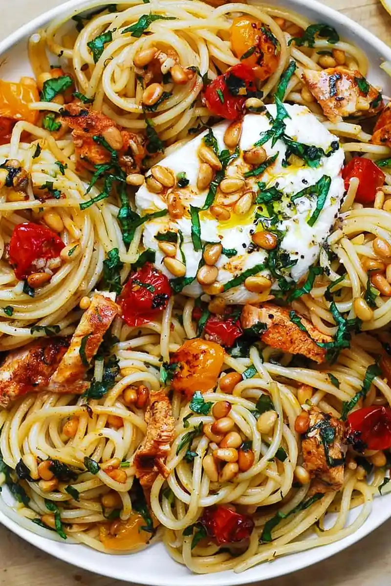 Creamy Burrata Chicken Spaghetti with Lemon Butter Garlic Sauce 3 Recipe image