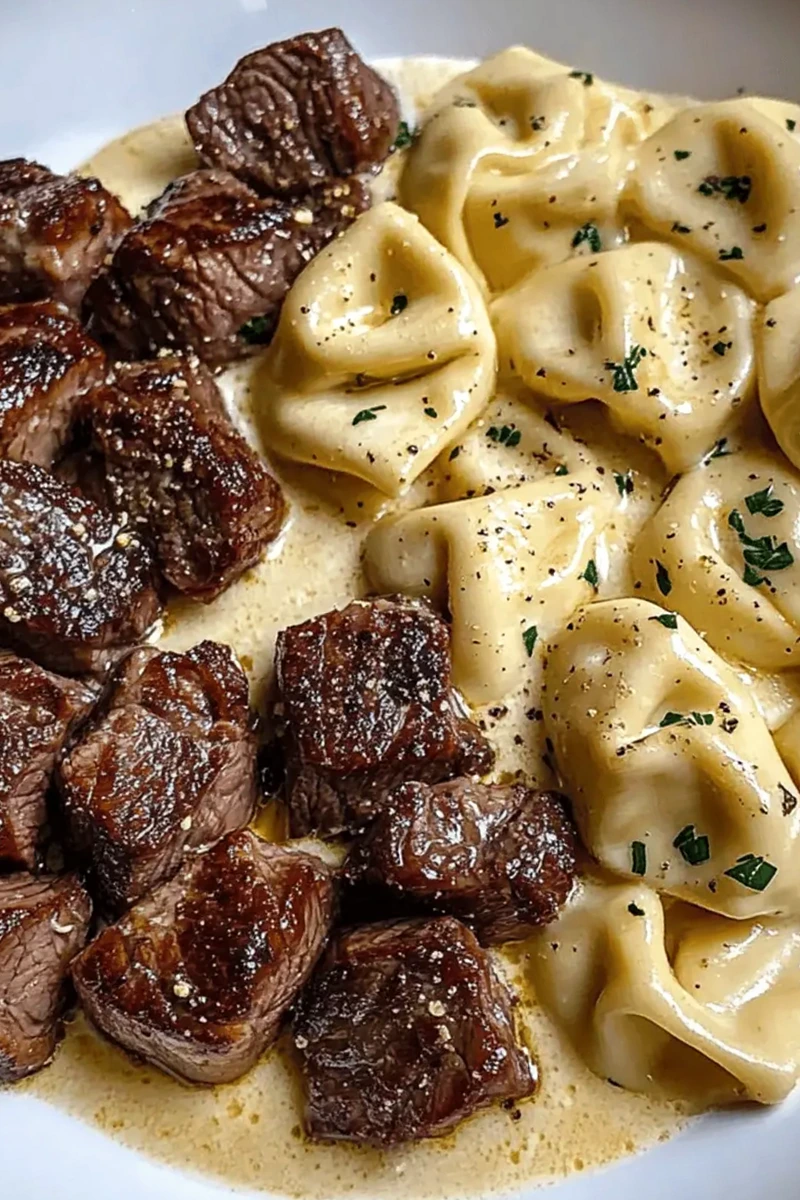 Garlic Butter Steak Bites and Creamy Alfredo Tortellini 3 Recipe image