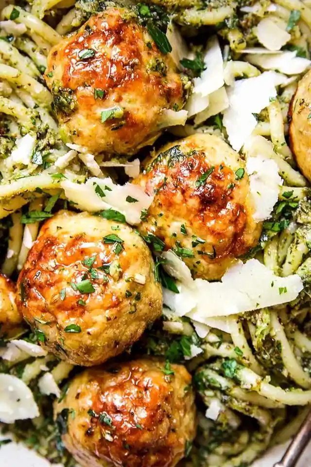 Baked Chicken Meatballs with Broccoli Pesto Pasta 3 Baked Chicken Meatballs with Broccoli Pesto Pasta
