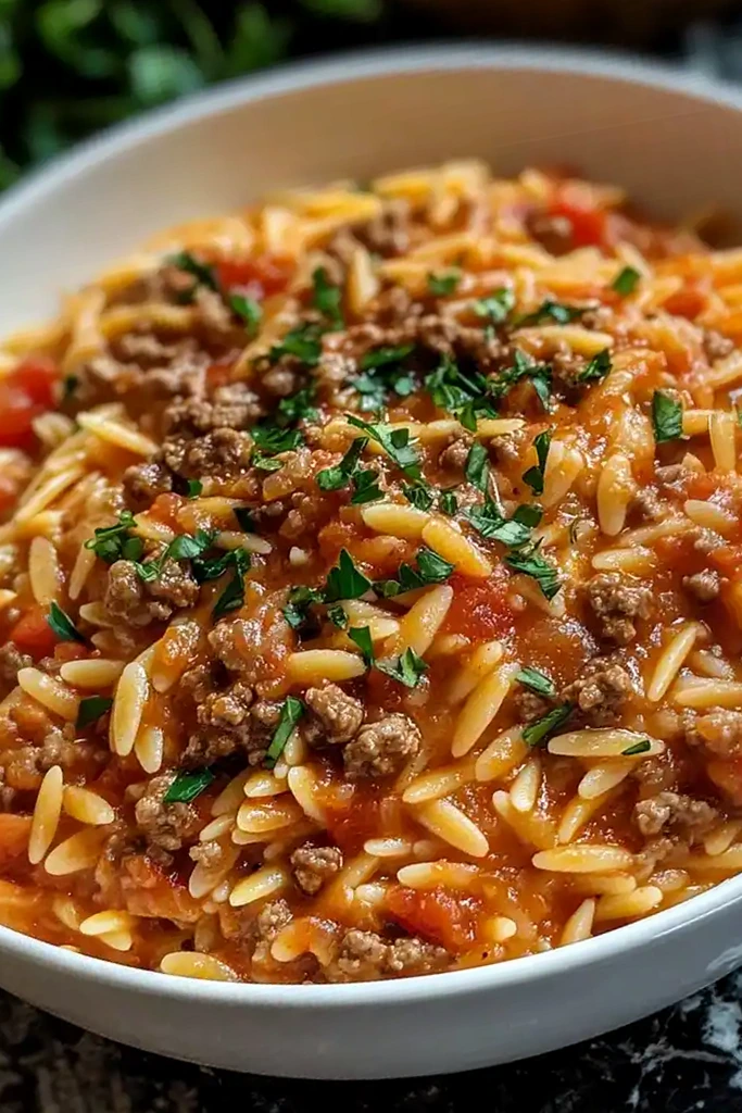 Creamy Tomato Ground Beef Orzo Skillet 3 Recipe image