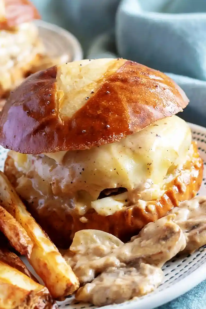 Creamy Mushroom Pepper Jack Pretzel Burgers 3 Recipe image