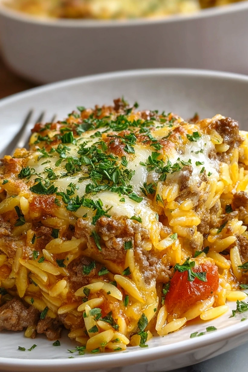 Cheesy One-Pan Ground Beef Orzo Bake 3 Recipe image